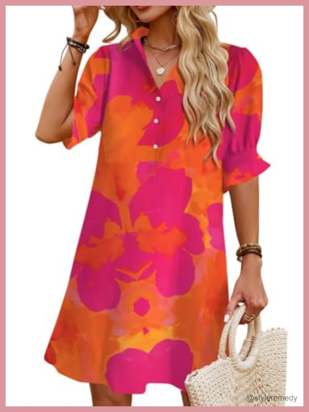 Women Summer Button Down Shift Mini Dress Ruffle Sleeve